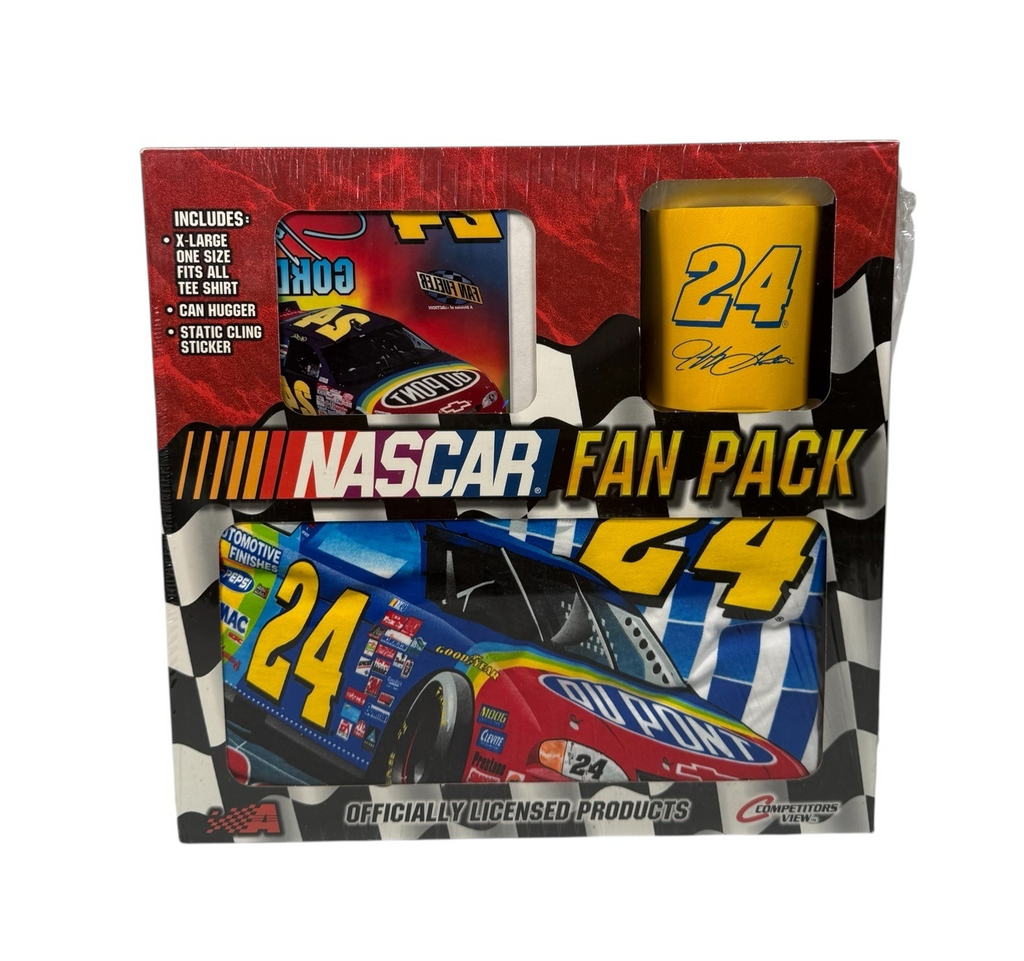 Vtg Jeff Gordon - Action Brand NASCAR Fan pack - Sz XL All-Over Print T-Shirt - Coozie - Window Cling - New Unopened