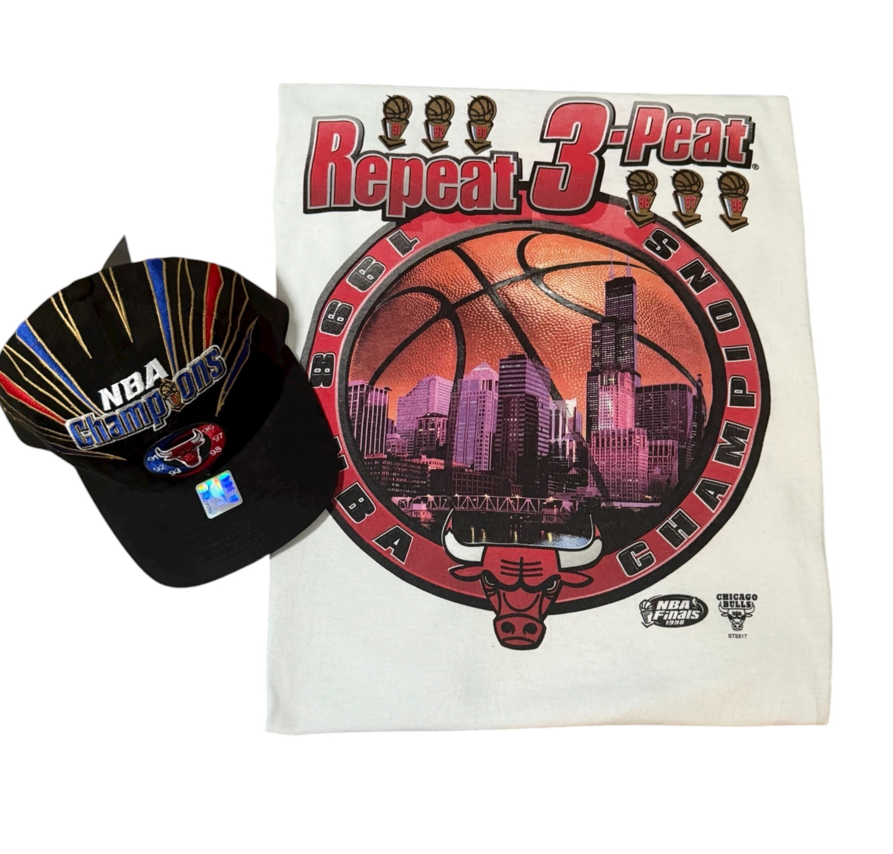 Vtg 1998 Starter - Michael Jordan - Chicago Bulls Championship Locker Room Tee & Hat - Sz L 🐐🏆