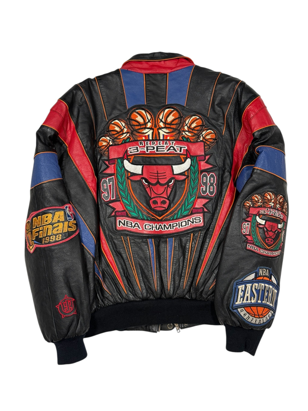 Vtg Jeff Hamilton - Leather Chicago Bulls “Repeat 3-Peat” 1998 Championship Jacket - Sz M - 🐐🏆