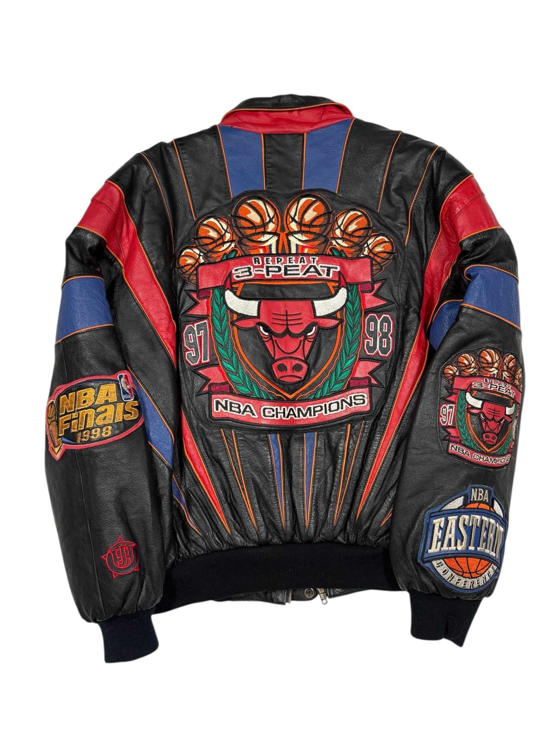 Vtg Jeff Hamilton - Leather Chicago Bulls “Repeat 3-Peat” 1998 Championship Jacket - Sz M - 🐐🏆