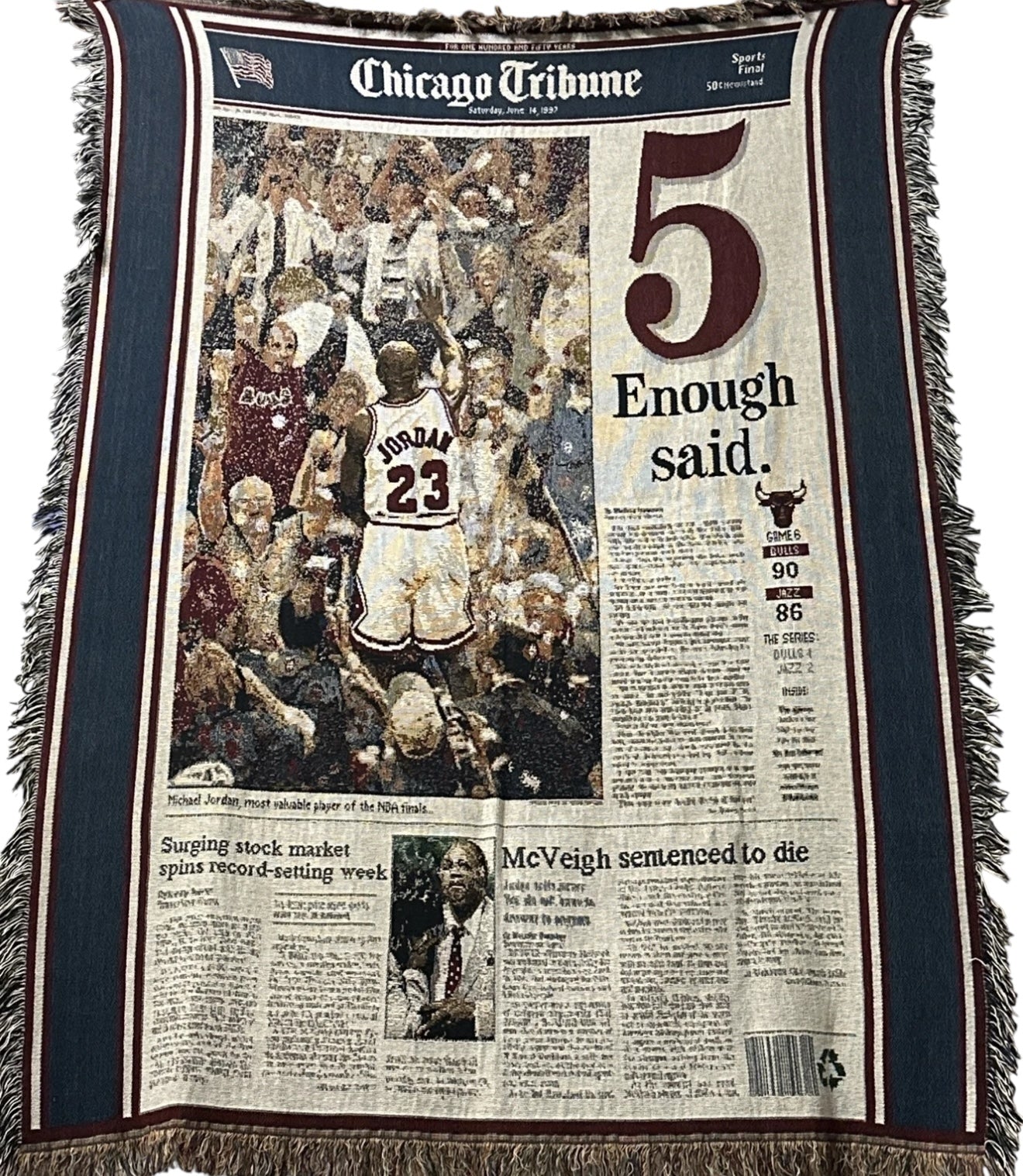 Vtg 1997 Chicago Tribune - Michael Jordan Chicago Bulls 5th Championship Throw Blanket - Amazing!