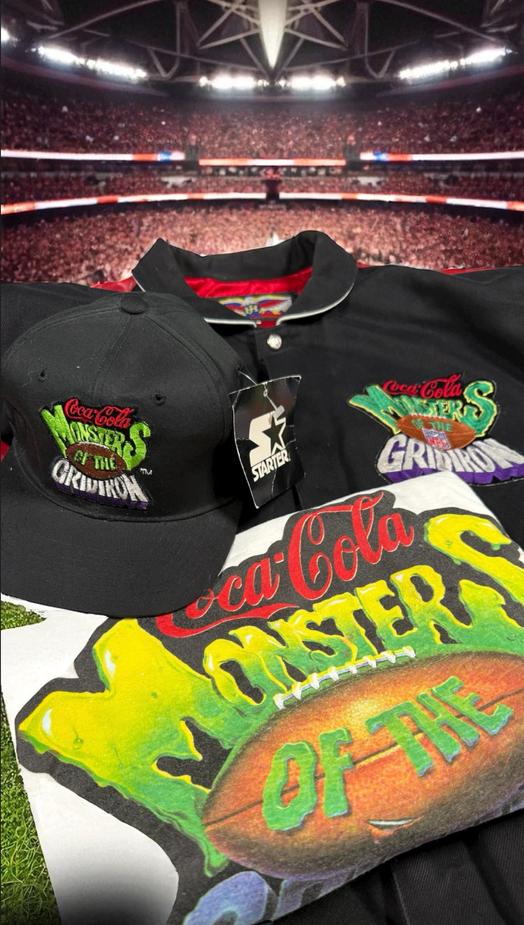 Vtg Jeff Hamilton x Coca Cola — Monsters of the Gridiron Jacket, Hat, Shirt, and Card Set! 🤯🔥 - Sz XL - 1994