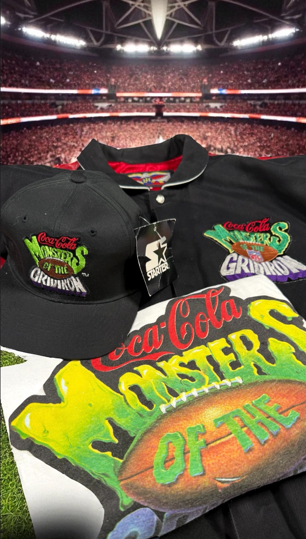 Vtg Jeff Hamilton x Coca Cola — Monsters of the Gridiron Jacket, Hat, Shirt, and Card Set! 🤯🔥 - Sz XL - 1994