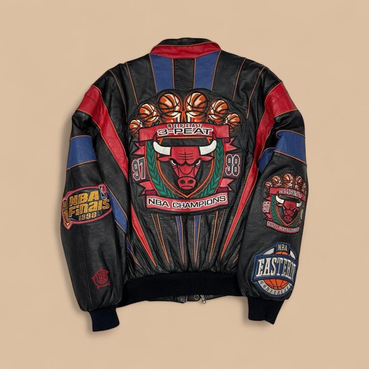 Vtg Jeff Hamilton - Leather Chicago Bulls “Repeat 3-Peat” 1998 Championship Jacket - Sz M - 🐐🏆